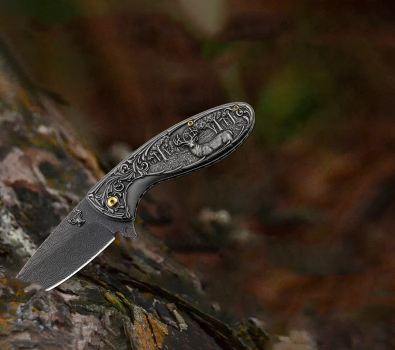 Deer-Embossed Handle Folding Knife Outdoor Camping Hunting Pocket EDC Tool - Image 3
