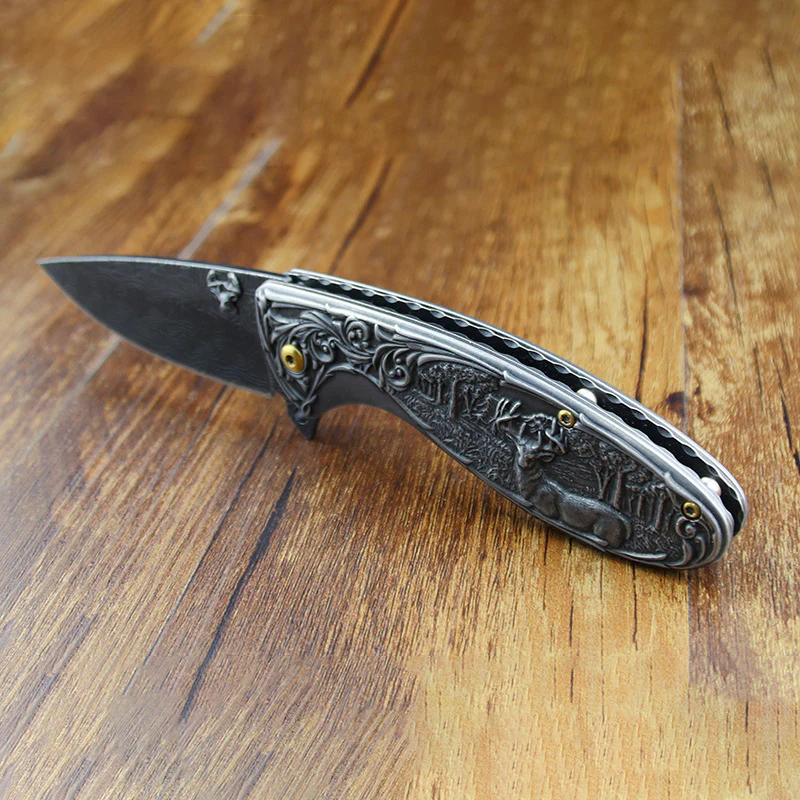 Deer-Embossed Handle Folding Knife Outdoor Camping Hunting Pocket EDC Tool - Image 4