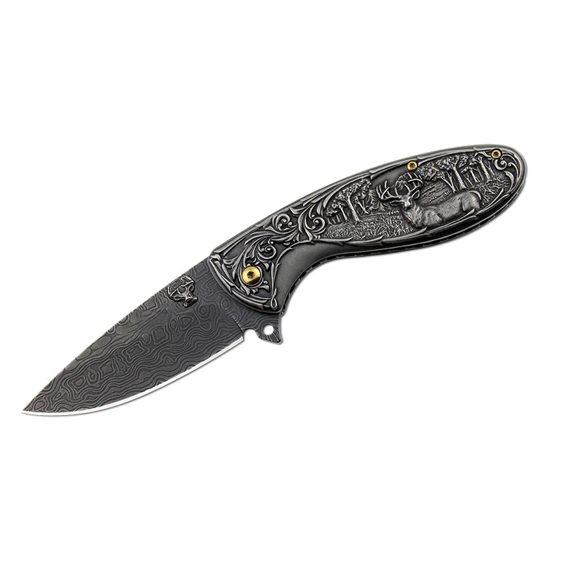 Deer-Embossed Handle Folding Knife Outdoor Camping Hunting Pocket EDC Tool - Image 5