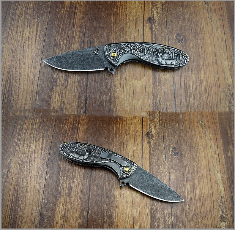 Deer-Embossed Handle Folding Knife Outdoor Camping Hunting Pocket EDC Tool - Image 7