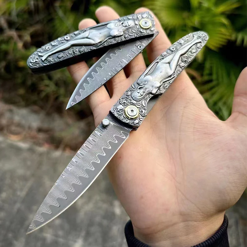 Double Sided Engraved Vintage Handle Folding Knife Damascus Blade Outdoor Survival Pocket Pocket Knives - Image 3