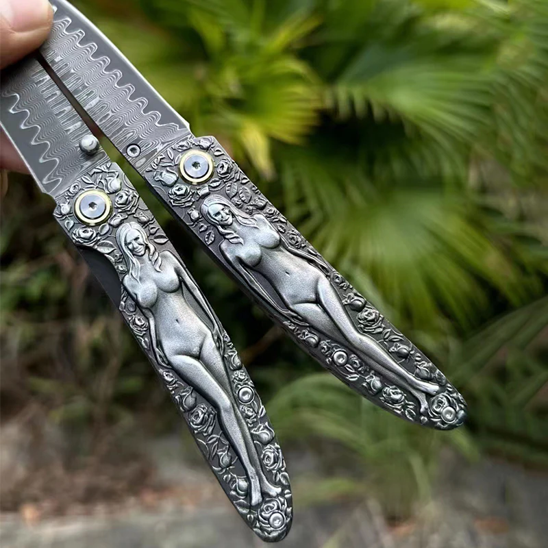 Double Sided Engraved Vintage Handle Folding Knife Damascus Blade Outdoor Survival Pocket Pocket Knives - Image 4