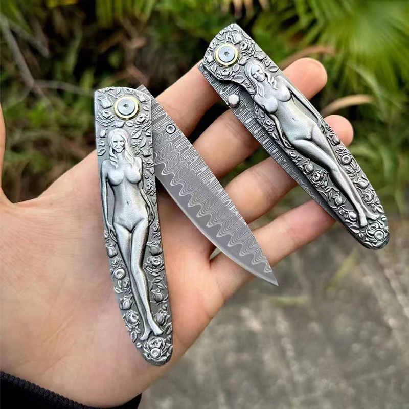 Double Sided Engraved Vintage Handle Folding Knife Damascus Blade Outdoor Survival Pocket Pocket Knives - Image 5