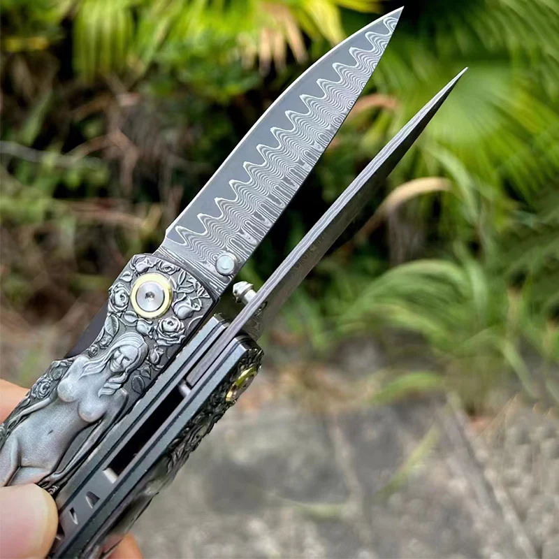 Double Sided Engraved Vintage Handle Folding Knife Damascus Blade Outdoor Survival Pocket Pocket Knives - Image 6