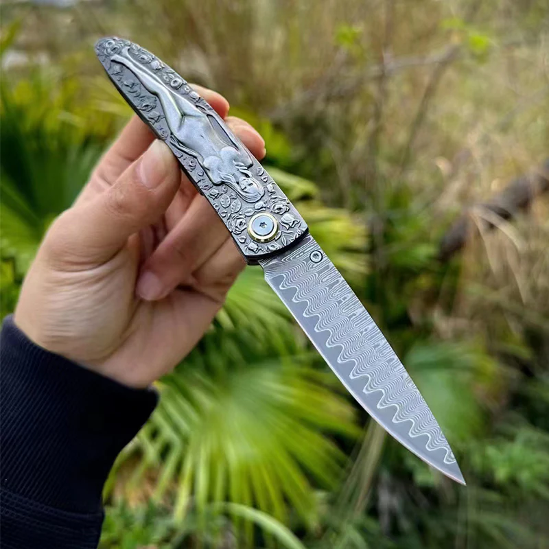 Double Sided Engraved Vintage Handle Folding Knife Damascus Blade Outdoor Survival Pocket Pocket Knives - Image 7