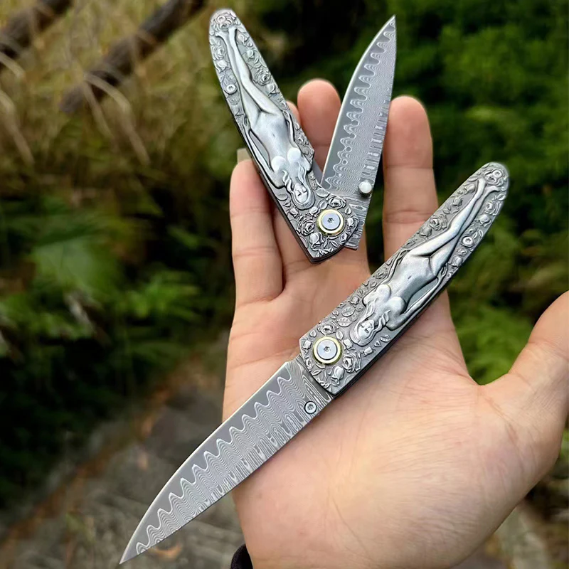 Double Sided Engraved Vintage Handle Folding Knife Damascus Blade Outdoor Survival Pocket Pocket Knives - Image 8