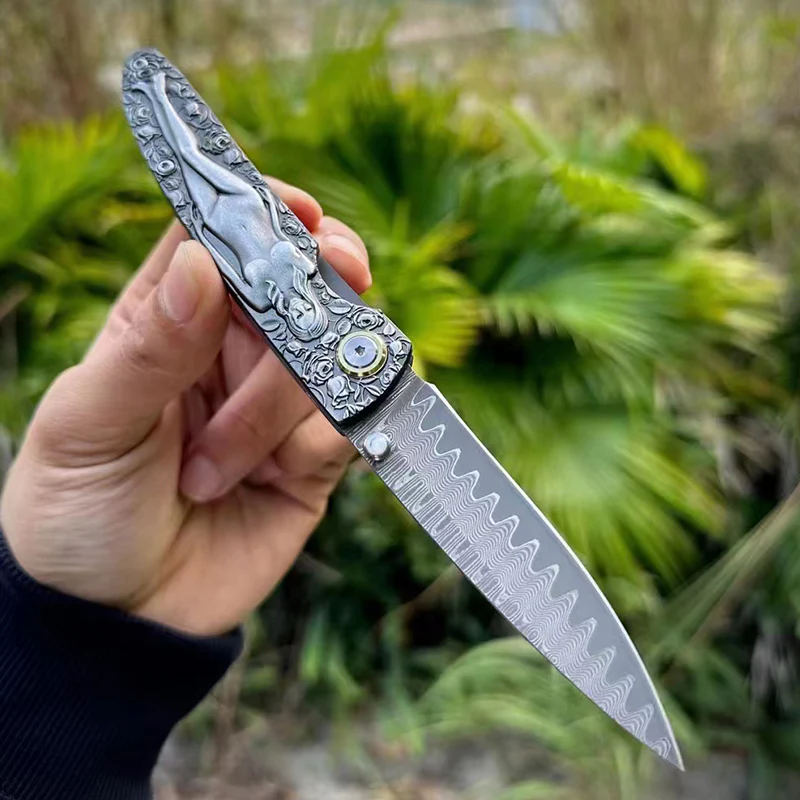 Double Sided Engraved Vintage Handle Folding Knife Damascus Blade Outdoor Survival Pocket Pocket Knives - Image 9