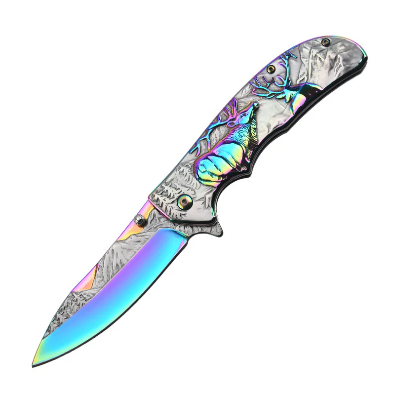 Embossed Deer Handle Folding Knife Outdoor Defense Pocket Knives - Image 11
