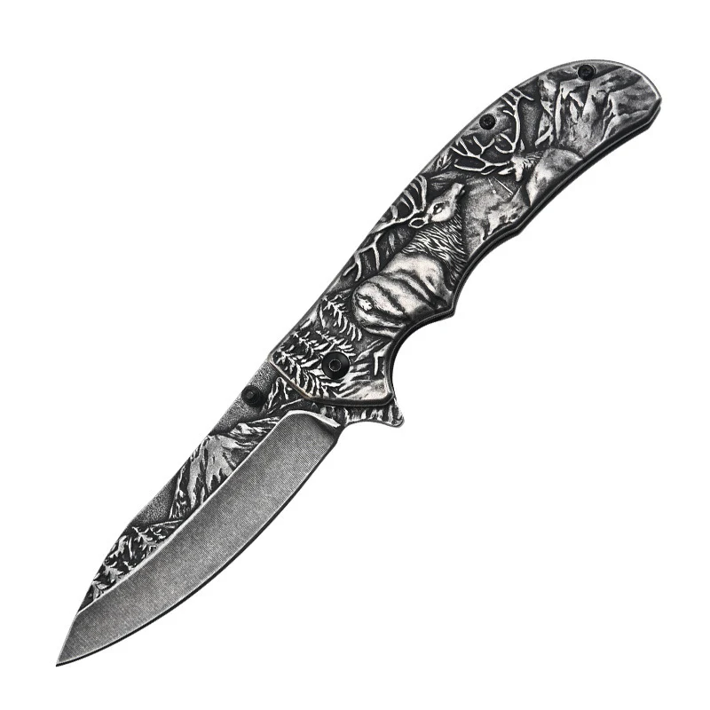 Embossed Deer Handle Folding Knife Outdoor Defense Pocket Knives - Image 12