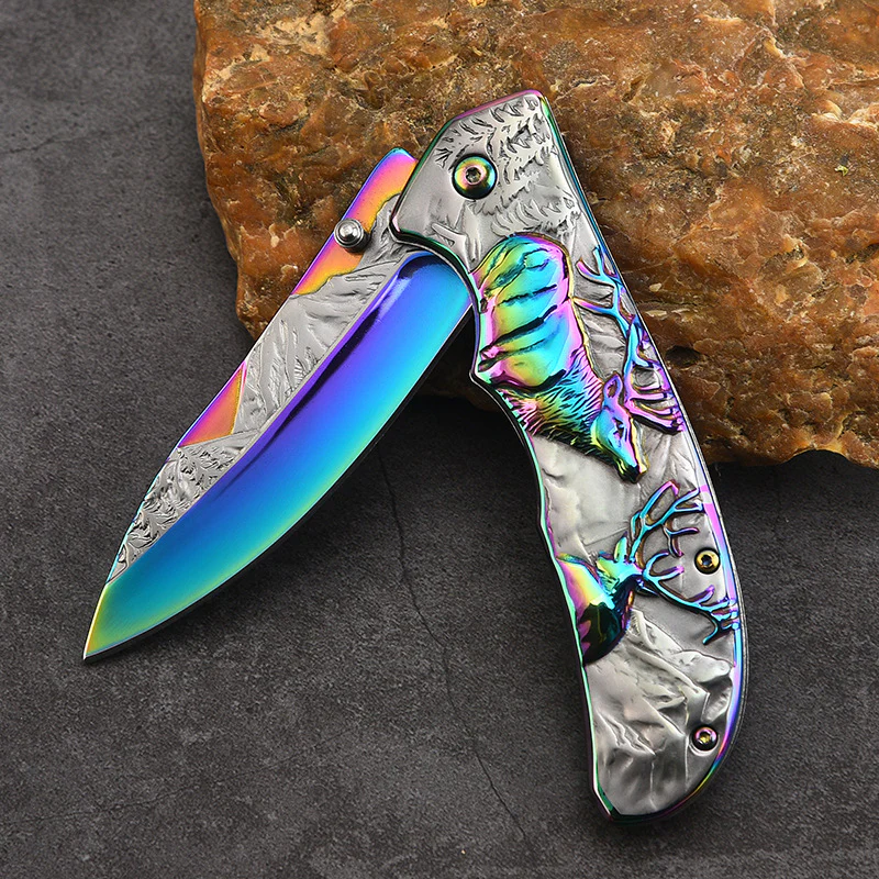 Embossed Deer Handle Folding Knife Outdoor Defense Pocket Knives - Image 3