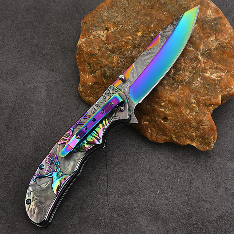 Embossed Deer Handle Folding Knife Outdoor Defense Pocket Knives - Image 4