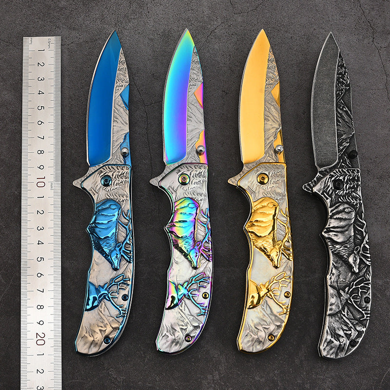 Embossed Deer Handle Folding Knife Outdoor Defense Pocket Knives - Image 5