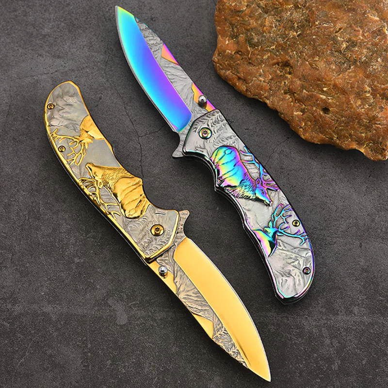 Embossed Deer Handle Folding Knife Outdoor Defense Pocket Knives - Image 6