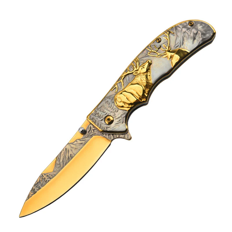 Embossed Deer Handle Folding Knife Outdoor Defense Pocket Knives - Image 9