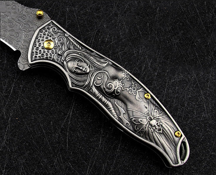 Female God of War-Embossed Handle Folding Knife Outdoor Camping Hunting Pocket EDC Tool - Image 10