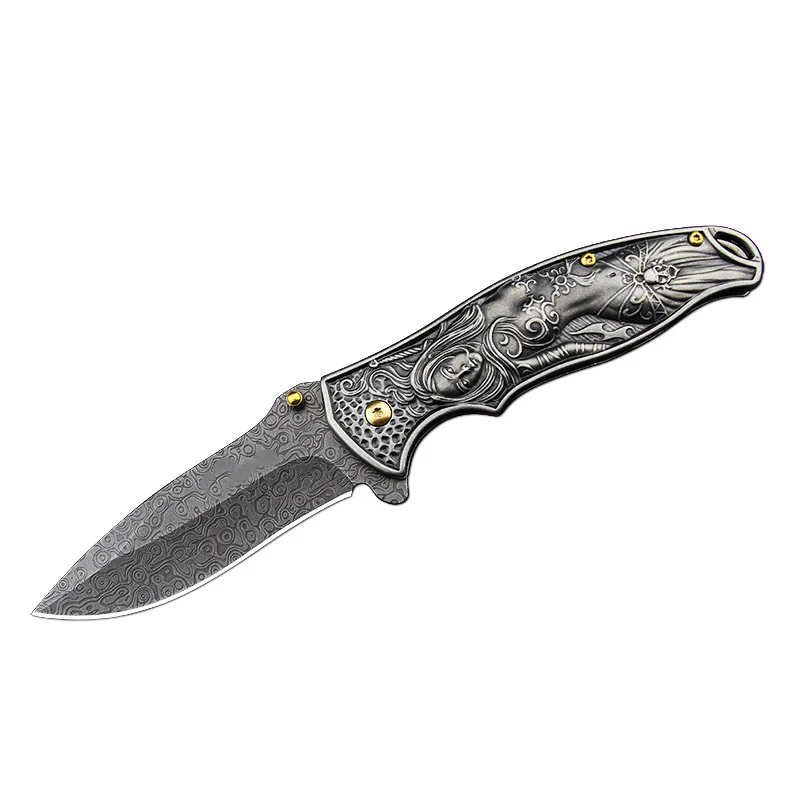 Female God of War-Embossed Handle Folding Knife Outdoor Camping Hunting Pocket EDC Tool - Image 3