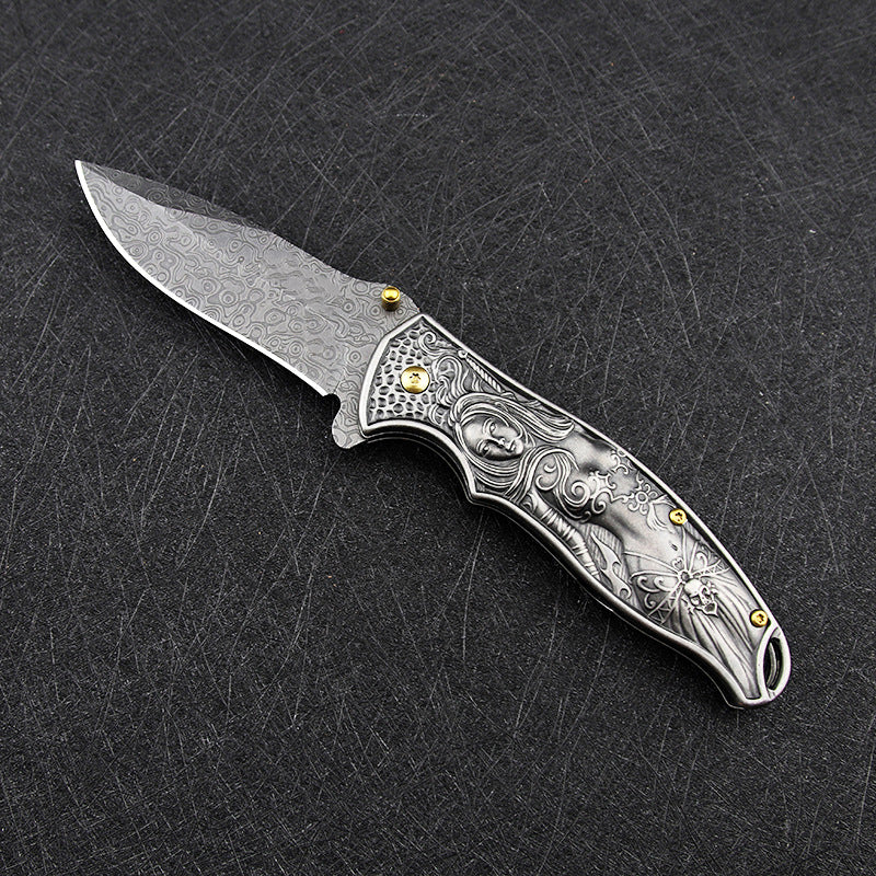 Female God of War-Embossed Handle Folding Knife Outdoor Camping Hunting Pocket EDC Tool - Image 4