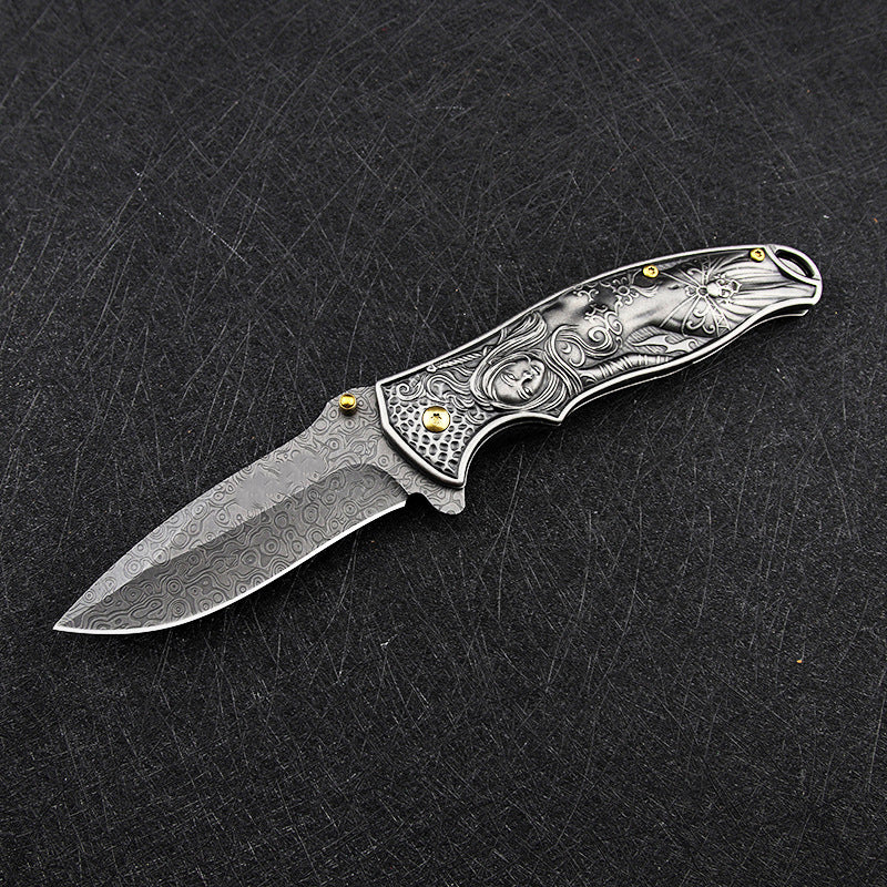 Female God of War-Embossed Handle Folding Knife Outdoor Camping Hunting Pocket EDC Tool - Image 5