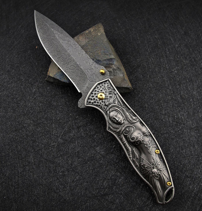 Female God of War-Embossed Handle Folding Knife Outdoor Camping Hunting Pocket EDC Tool - Image 6