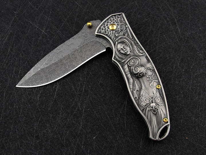 Female God of War-Embossed Handle Folding Knife Outdoor Camping Hunting Pocket EDC Tool - Image 7
