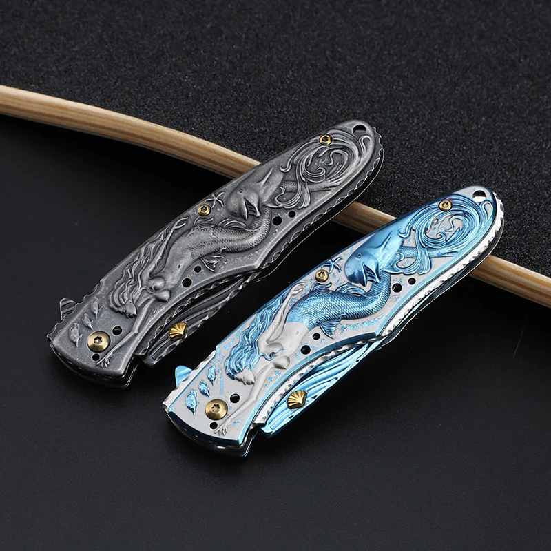 Mermaid-Embossed Handle Folding Knife Outdoor Camping Hunting Pocket EDC Tool - Image 3