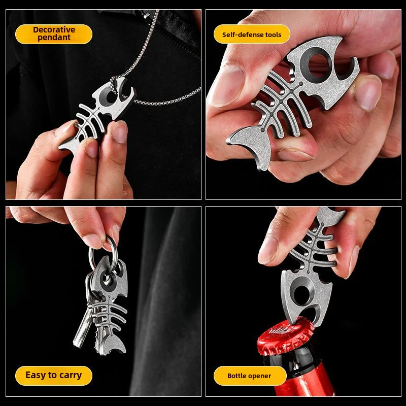 Multifunctional Fishbone Bottle Opener Titanium Self Defense EDC Tool - Image 3
