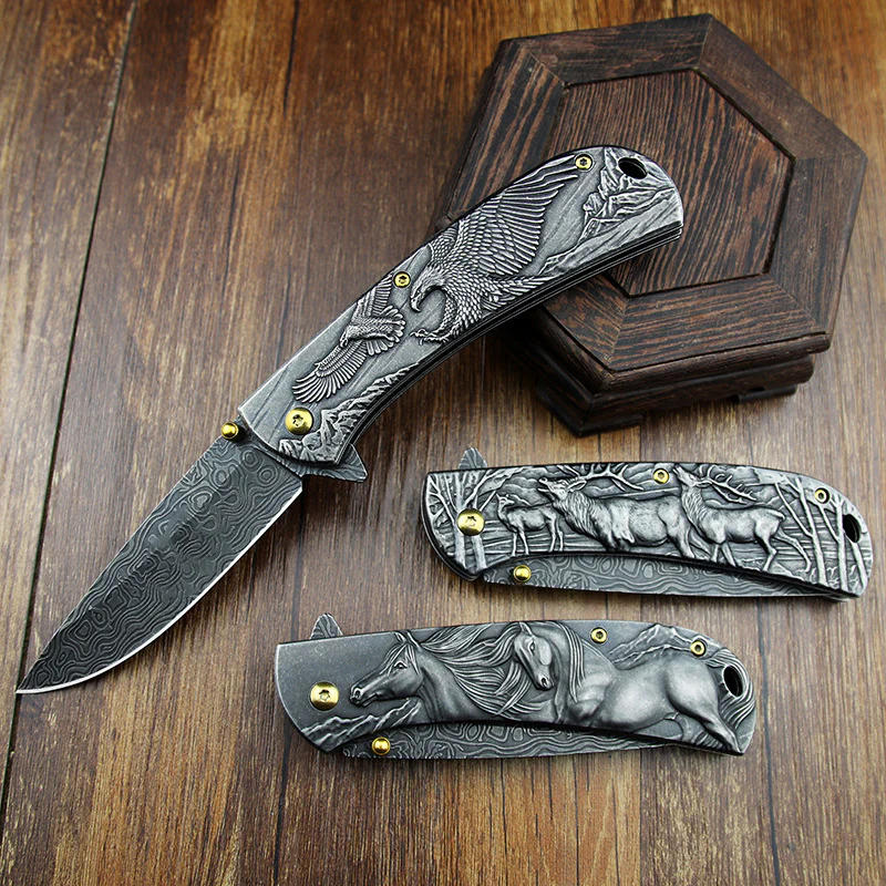 Sheep Eagle Horse-Embossed Handle Folding Knife Outdoor Camping Hunting Pocket EDC Tool - Image 5