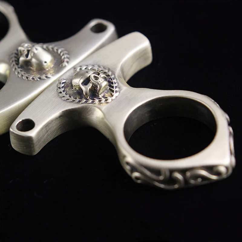 Solid Vintage Skull Brass Knuckle Duster Broken Window Defense EDC Tool - Image 4