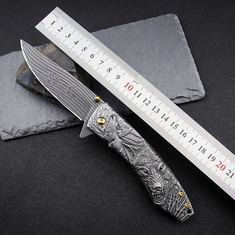 Wolf-Embossed Handle Folding Knife Outdoor Camping Hunting Pocket EDC Tool - Image 2