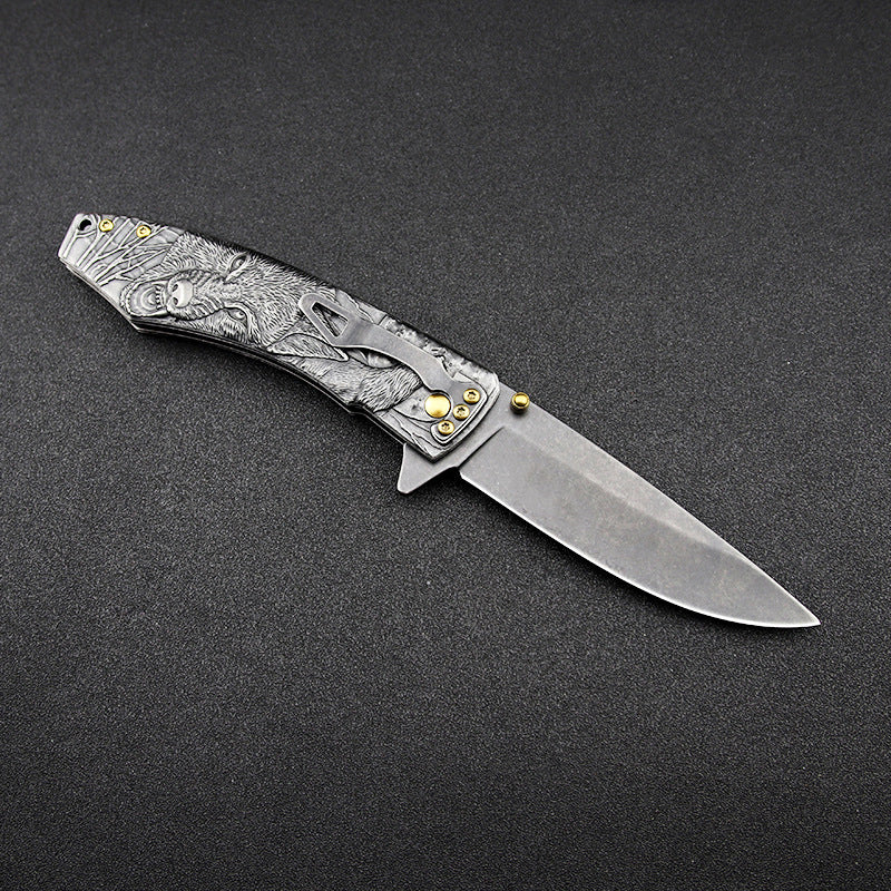 Wolf-Embossed Handle Folding Knife Outdoor Camping Hunting Pocket EDC Tool - Image 3