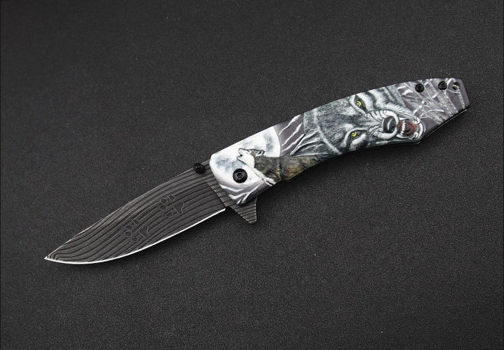 Wolf-Embossed Handle Folding Knife Outdoor Camping Hunting Pocket EDC Tool - Image 4