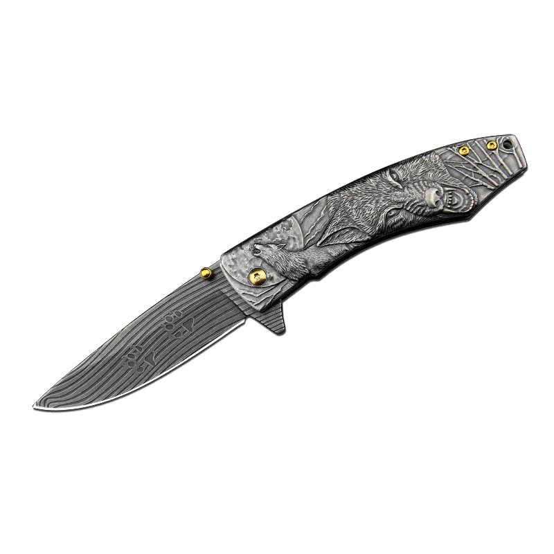 Wolf-Embossed Handle Folding Knife Outdoor Camping Hunting Pocket EDC Tool - Image 5