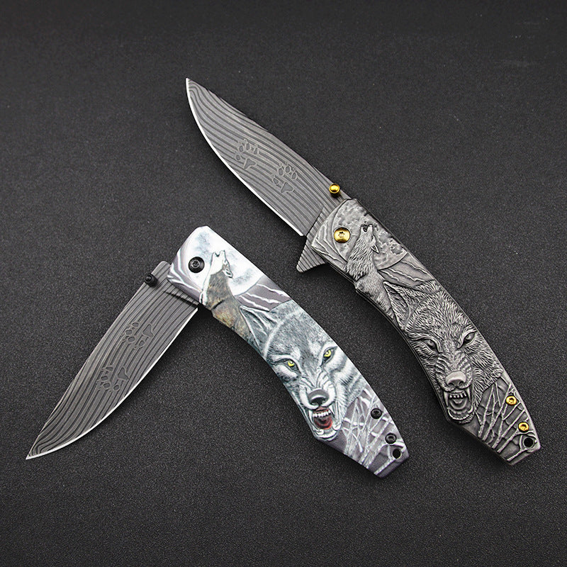 Wolf-Embossed Handle Folding Knife Outdoor Camping Hunting Pocket EDC Tool - Image 6