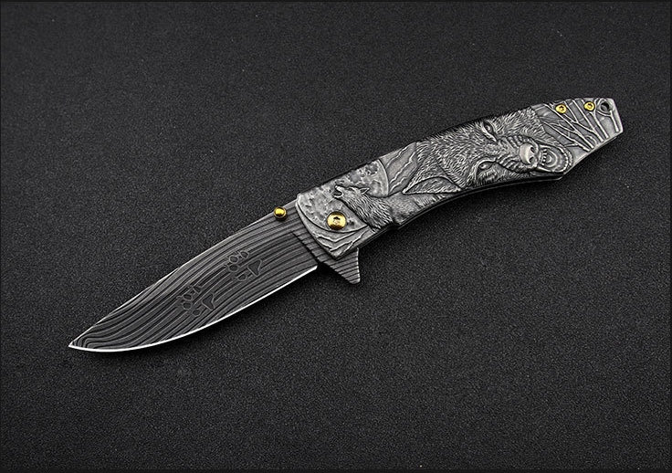 Wolf-Embossed Handle Folding Knife Outdoor Camping Hunting Pocket EDC Tool - Image 8