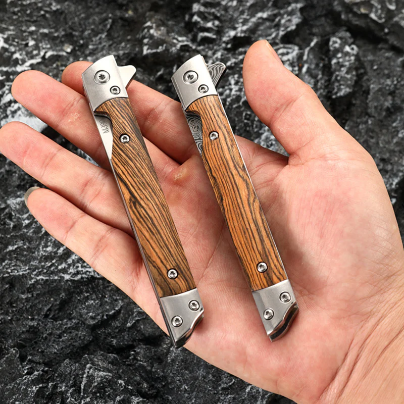 Wood Handle Folding Knife Damascus Pattern Camping Pocket Knives - Image 10