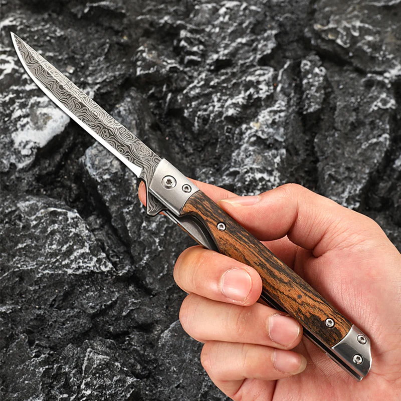 Wood Handle Folding Knife Damascus Pattern Camping Pocket Knives - Image 12