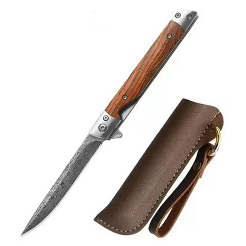 Wood Handle Folding Knife Damascus Pattern Camping Pocket Knives - Image 13