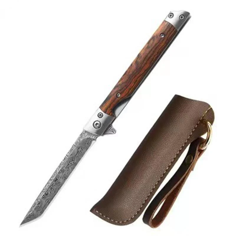Wood Handle Folding Knife Damascus Pattern Camping Pocket Knives - Image 15