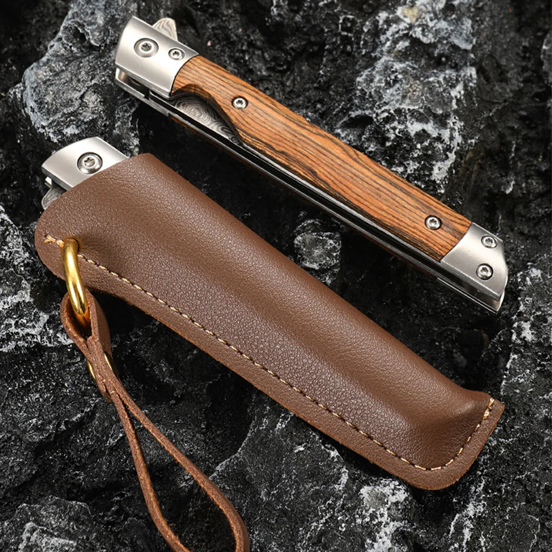 Wood Handle Folding Knife Damascus Pattern Camping Pocket Knives - Image 3