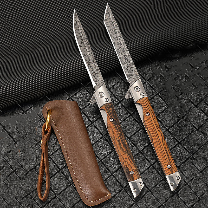 Wood Handle Folding Knife Damascus Pattern Camping Pocket Knives - Image 4