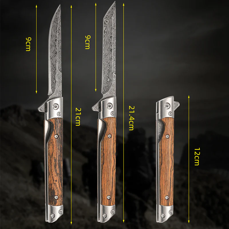 Wood Handle Folding Knife Damascus Pattern Camping Pocket Knives - Image 6