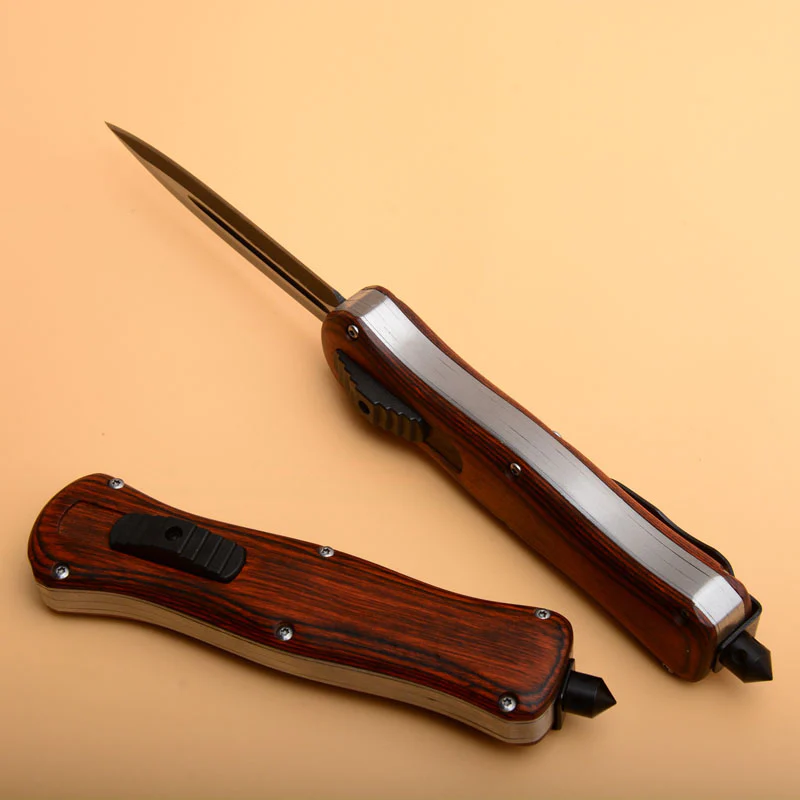 Wood Handle Tactical Knife Emergency Window Breaker EDC Tool Camping Pocket Knives - Image 3