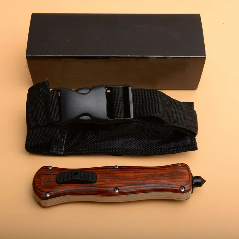 Wood Handle Tactical Knife Emergency Window Breaker EDC Tool Camping Pocket Knives - Image 4