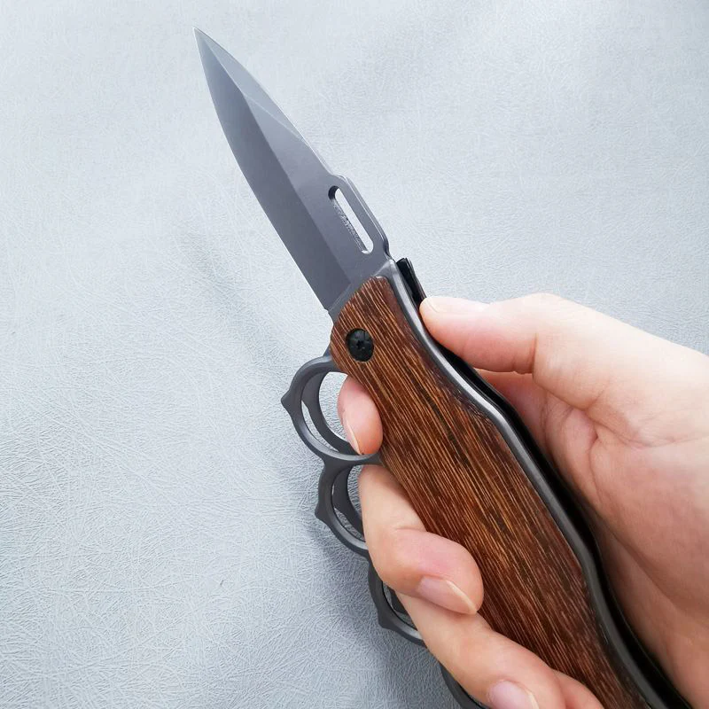 Wooden Handle Folding Knuckle Knife Outdoor Self Defense Pocket Knives EDC Tools - Image 6